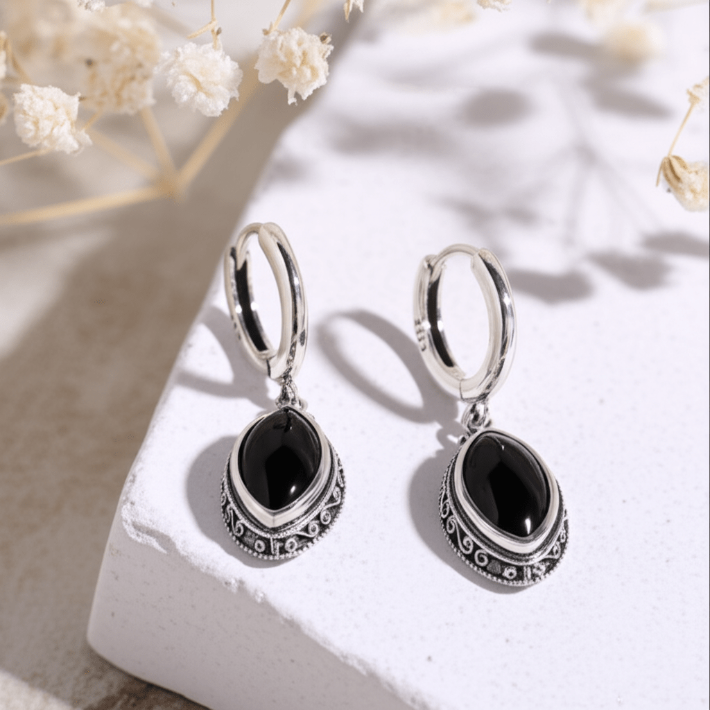 Boucles d'Oreilles Pierre de Lune Noire