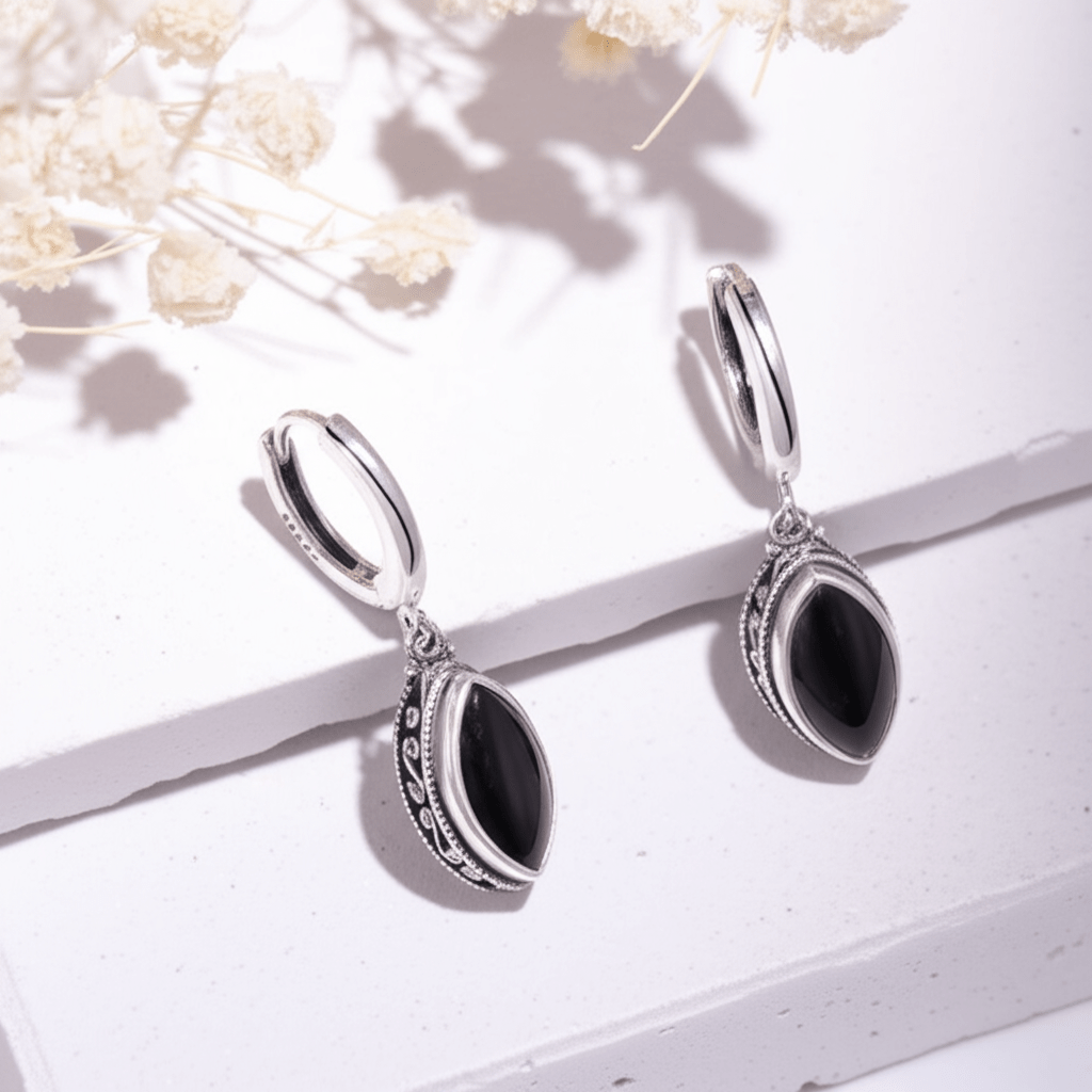 Boucles d'Oreilles Pierre de Lune Noire