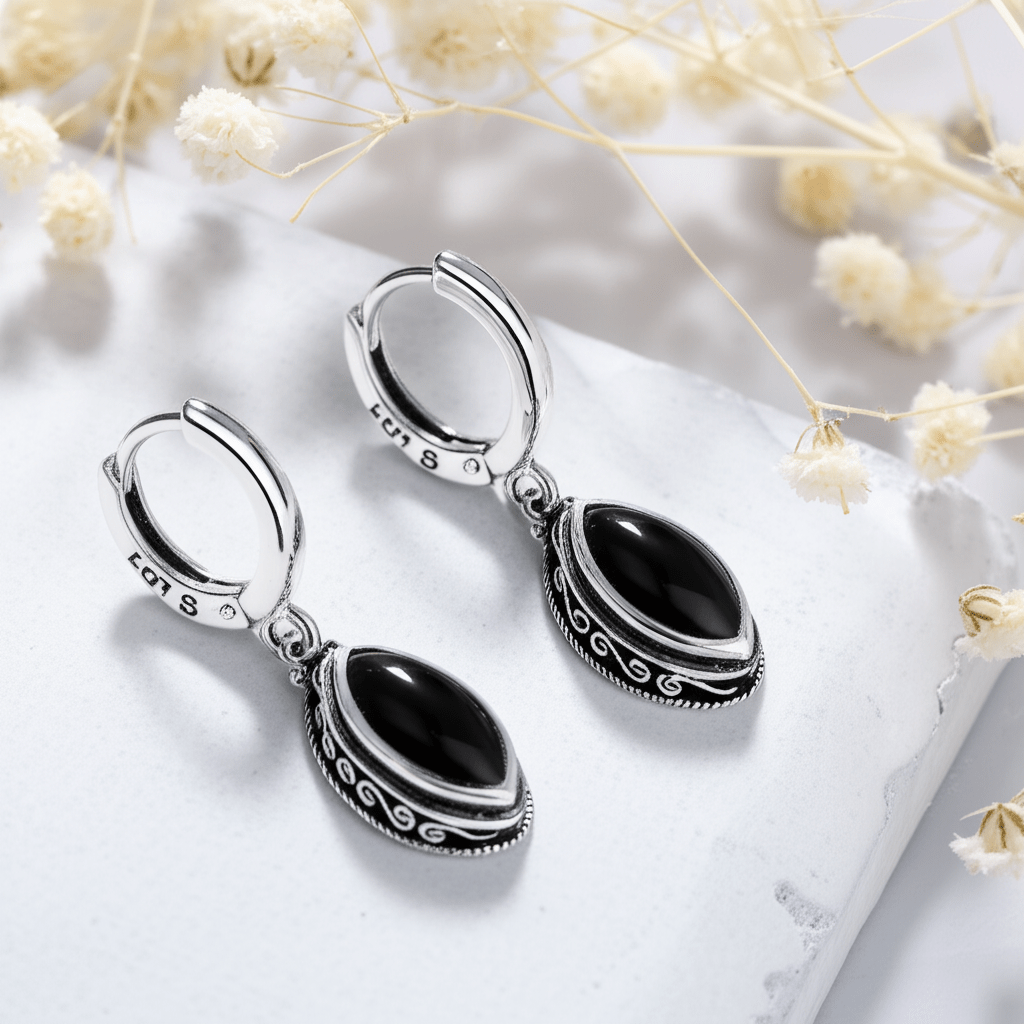 Boucles d'Oreilles Pierre de Lune Noire