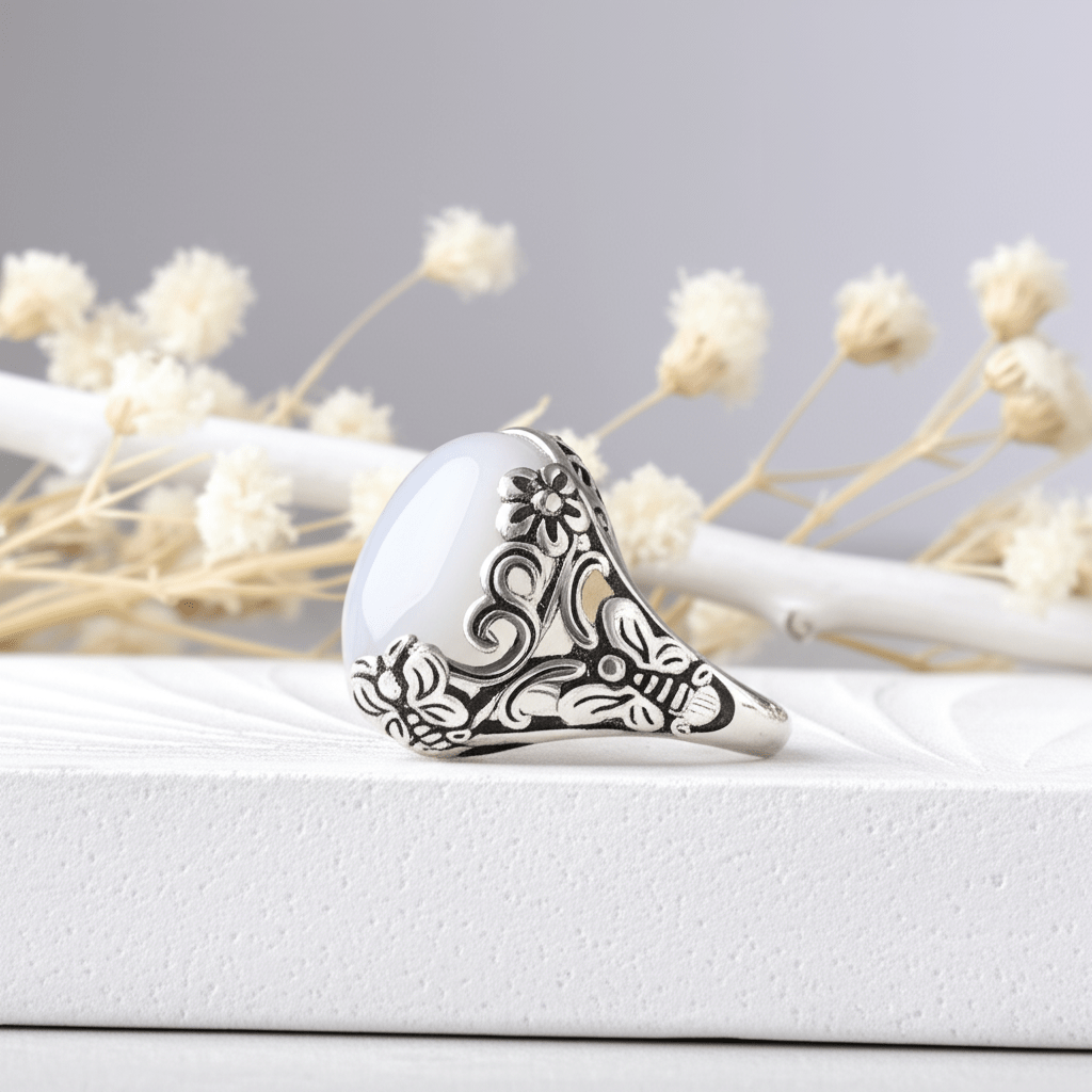 Bague Argent Pierre De Lune Blanche